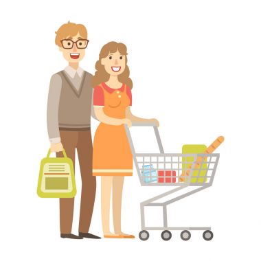 Genç çift markete alışveriş sepeti, illüstrasyon mutlu sevgi dolu aileler serisi ile alışveriş