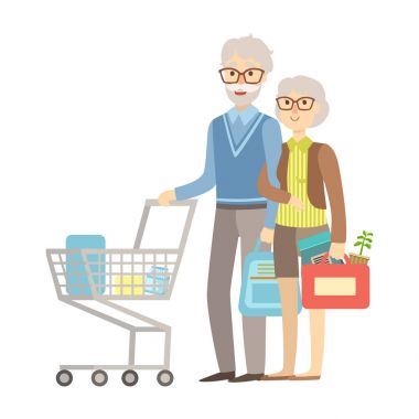 Yaşlı insanlar çift bakkal süpermarket, illüstrasyon mutlu sevgi dolu aileler serisi için alışveriş