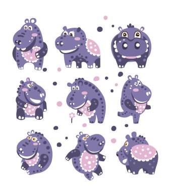 Çocukça çıkartmaları kümesi Polka Noktalı deseni veya dost oyuncak hayvan mor ve mavi renkli baskı ile stilize su aygırı