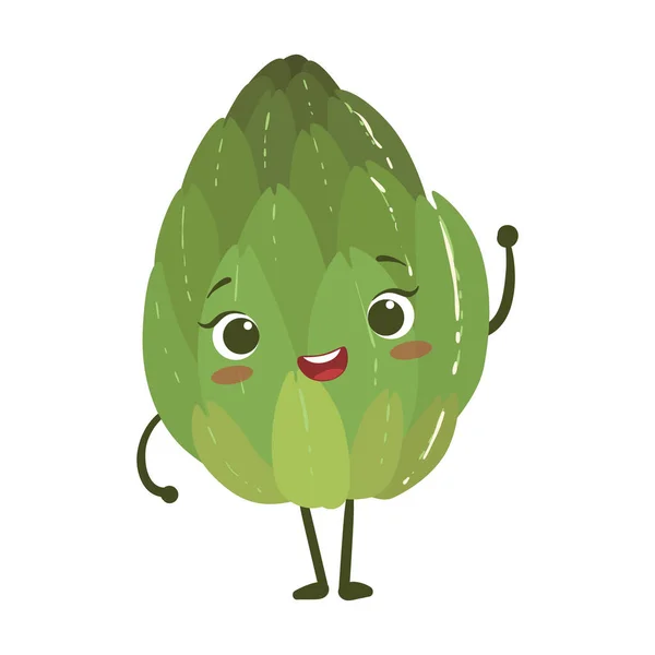 Alcachofa Anime lindo humanizado sonriente caricatura vegetal comida carácter emoji vector ilustración — Archivo Imágenes Vectoriales