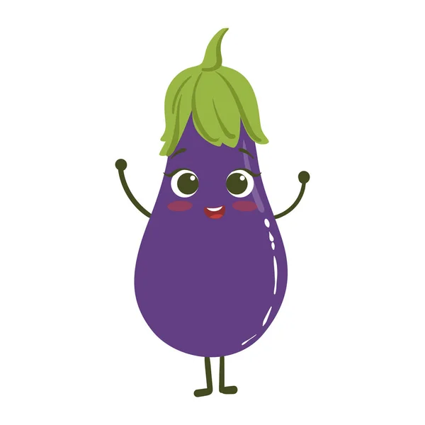 Eggplant Cute Anime Humanized Smiling Cartoon Vegetable Food Character Emoji Vector Illustration - Stok Vektor