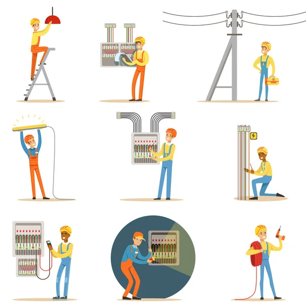 Electrician In Uniform And Hard Hat Working With Electric Cables And Wires, Fixing Electricity Problems Indoors And Outdoors Set Of Illustrations — Stock Vector