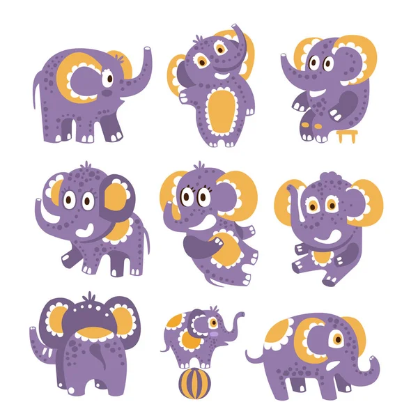 Stylizowane słoń z Polka-Dotted wzór zestaw dziecinna naklejek lub wydruki przyjazna zabawka zwierzę w kolorze żółtym i fioletowym — Wektor stockowy