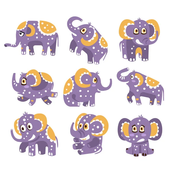 Elefante estilizado con patrón de lunares serie de pegatinas infantiles o impresiones de animales de juguete amigable en color violeta y amarillo — Vector de stock