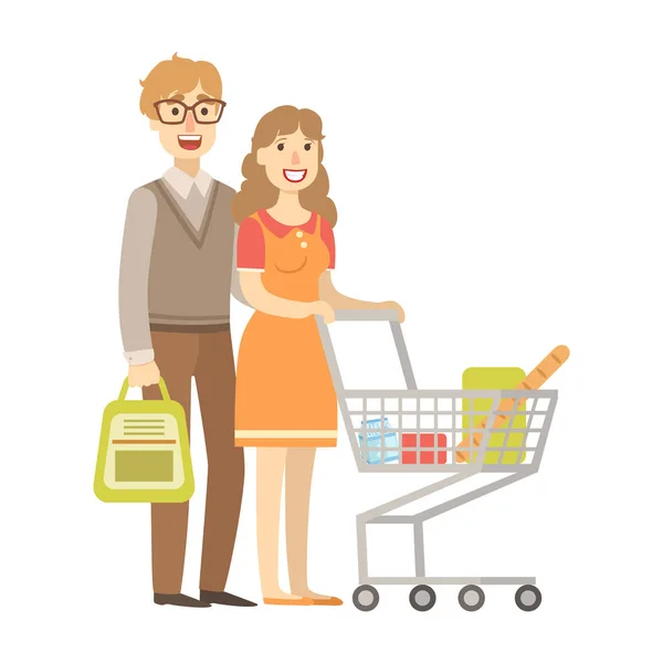 Joven pareja de compras para comestibles con carro de la compra, ilustración de la feliz serie de familias amorosas — Archivo Imágenes Vectoriales