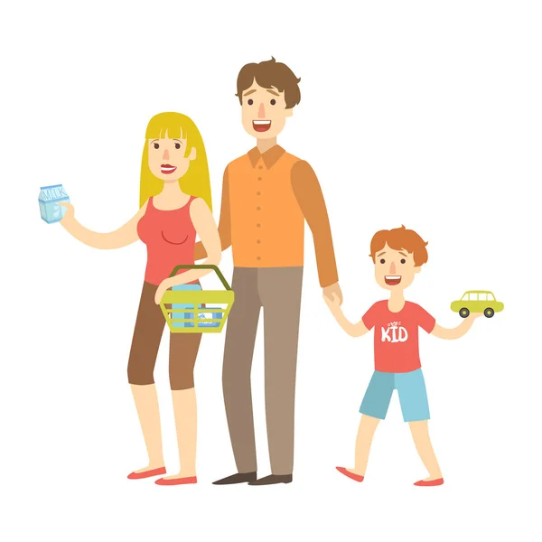 Mamá, papá e hijo sosteniendo compras de automóviles de juguete, ilustración de la feliz serie de familias amorosas — Vector de stock