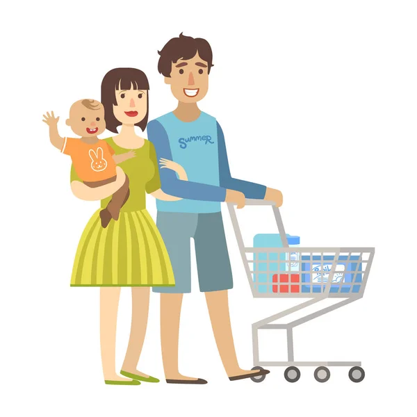 年轻的父母与宝贝儿子在超市购物，从快乐爱家庭的插图系列 — 图库矢量图片