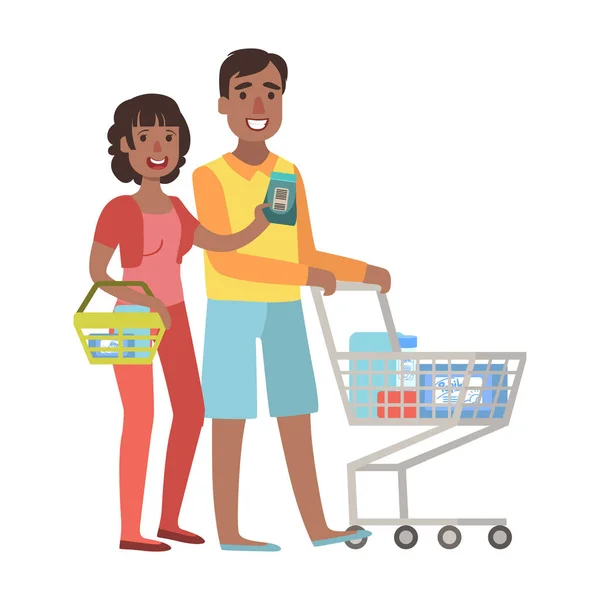 Hombre y mujer comprando comestibles en el supermercado con carrito de compras, ilustración de la feliz serie de familias amorosas — Vector de stock