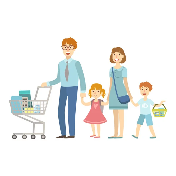 Vierköpfige Familie beim Einkaufen im Supermarkt, Illustration aus einer Serie glücklich liebender Familien — Stockvektor