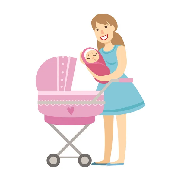 Jovem mãe colocando bebê no carrinho, ilustração de feliz amoroso famílias série — Vetor de Stock
