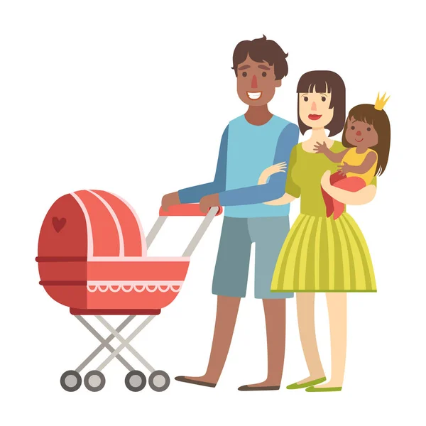 Genitori che camminano con il bambino in un passeggino e e bambino in braccio, illustrazione dalla serie Happy Loving Families — Vettoriale Stock