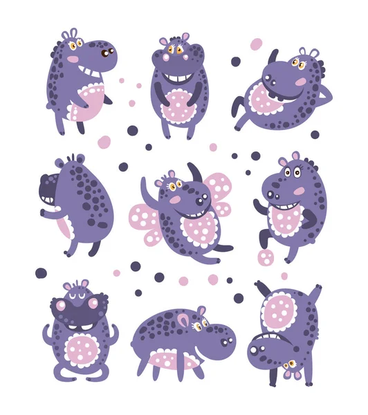 Gestileerde Hippo met Polka-Dotted patroon collectie van kinderachtig Stickers of afdrukken van vriendelijke Toy dier In paarse en blauwe kleur — Stockvector