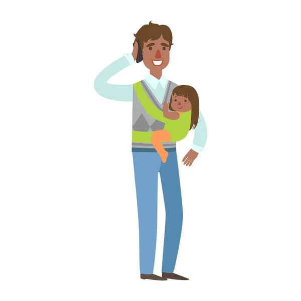 Pai com bebê menina em Sling falando no telefone, ilustração de feliz amoroso famílias série — Vetor de Stock
