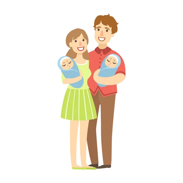 Jeunes parents tenant des jumeaux nouveau-nés dans les bras, Illustration de Happy Loving Families Series — Image vectorielle