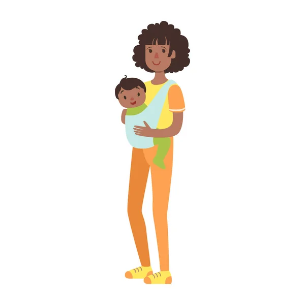 Mãe jovem com o filho do bebê em uma funda, ilustração da série de famílias amorosas felizes — Vetor de Stock