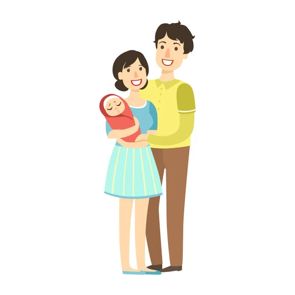 Молоді батьки з новонародженою дитиною в руках, ілюстрація з щасливих люблячих сімей — стоковий вектор