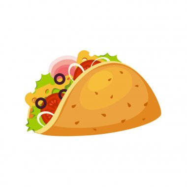 Taco film Tortilla, jambon ve sebze, sokak Fast Food Cafe menü öğesi renkli vektör simgesi ile