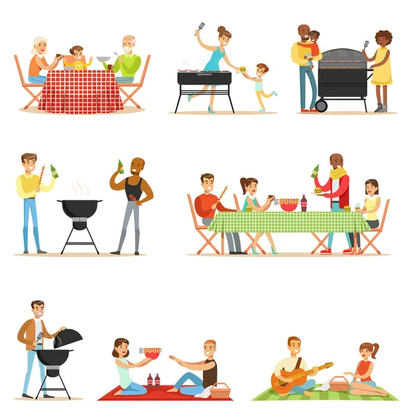 People On BBQ Picnic Outdoors Eating And Cooking Grilled Meat On Electric Barbecue Grill Set Of Scenes — Stock Vector