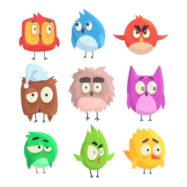 Petites poussins d'oiseaux mignons ensemble de personnages de bande dessinée en formes géométriques, animaux de bébé mignons stylisés — Image vectorielle