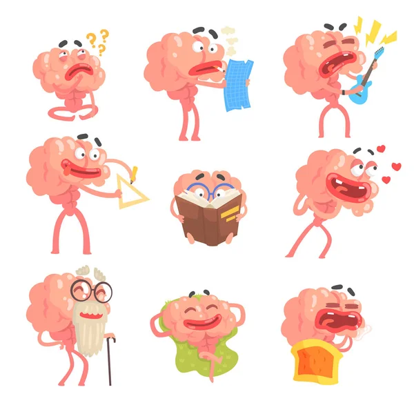 Humanized Brain Cartoon Character With Arms And Legs Funny Life Scenes And Emotions Set Of Illustrations — Stock Vector