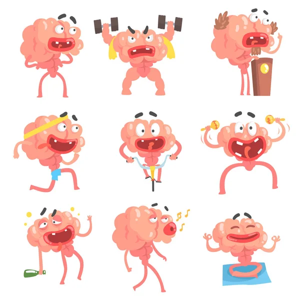 Personagem humanizado dos desenhos animados do cérebro com braços e pernas cenas engraçadas da vida e coleção das emoções das ilustrações —  Vetores de Stock