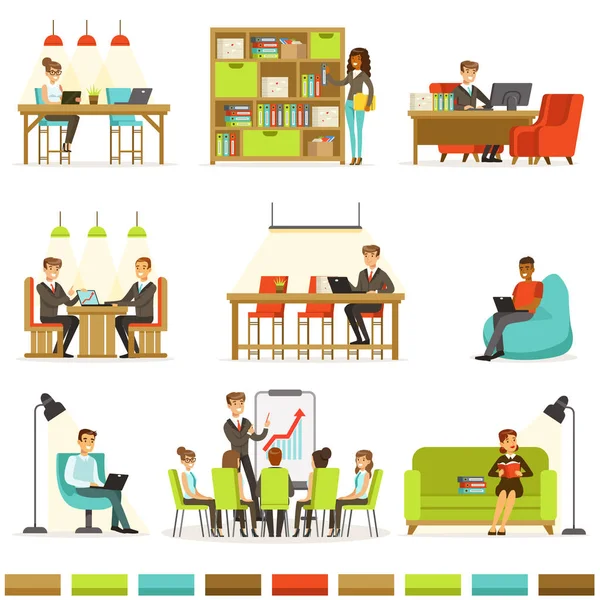 Coworking pracoviště, nezávislých sdílení prostoru a myšlenek v kanceláři, kde pracují společně kolekce ilustrací — Stockový vektor