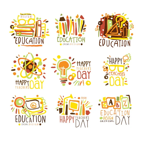 Feliz Día de los Maestros Colorido Diseño Gráfico Plantilla Logotipo conjunto, Plantillas de vectores dibujados a mano — Vector de stock