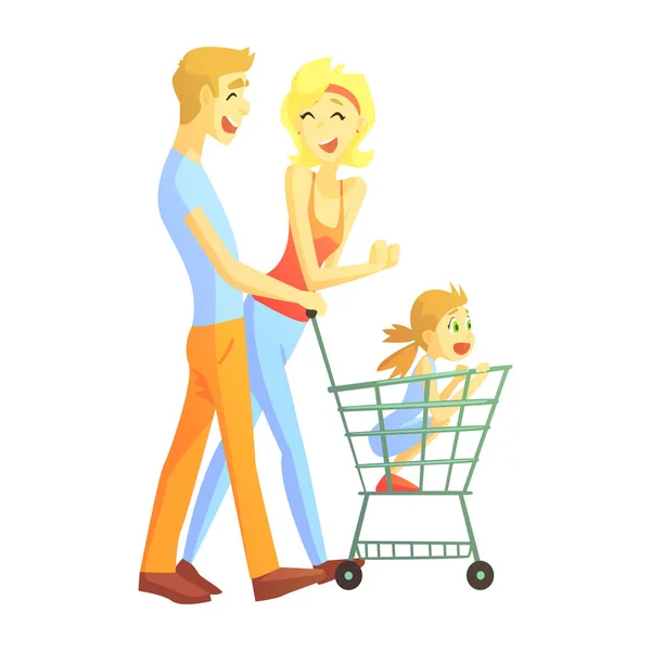 Young Parents With Little Girl Shopping, Happy Loving Families With Kids Spending Weekend Together Vector Illustration — Stock Vector