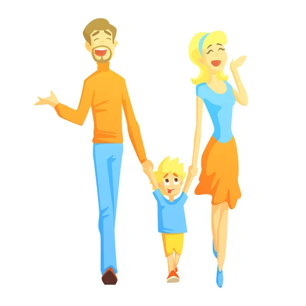 Eltern, die mit Sohn Händchen haltend spazieren gehen, glückliche liebende Familien mit Kindern, die das Wochenende zusammen verbringen. — Stockvektor