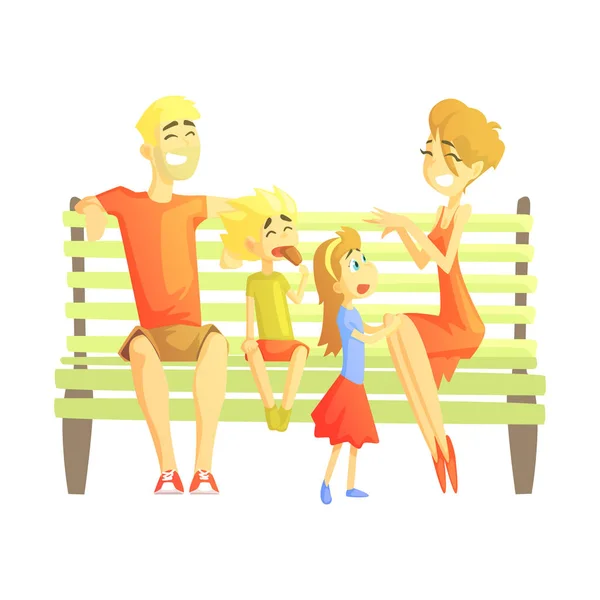 Parents, fils et fille assis sur le banc du parc, familles heureuses aimant avec des enfants passer week-end ensemble Illustration vectorielle — Image vectorielle