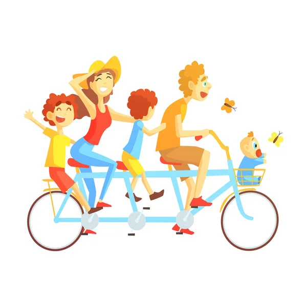 Genitori e bambini in sella tripla bicicletta all'aperto in estate, felici famiglie amorevoli con bambini trascorrere il fine settimana insieme Illustrazione vettoriale — Vettoriale Stock