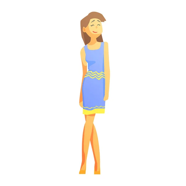 Chica flaca alta en vestido de verano azul, aspecto de moda de calle de persona joven con ropa de mercado de masas — Vector de stock