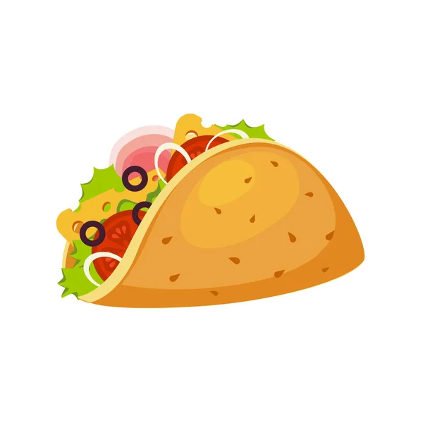 Envoltura de tacos con tortilla, jamón y verduras, menú de café de comida rápida en la calle Ícono de vector colorido — Vector de stock