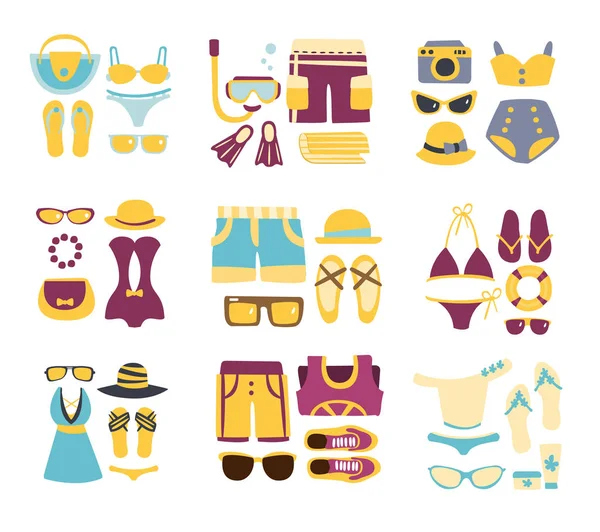 Combinaciones de trajes de playa de ropa y accesorios — Vector de stock