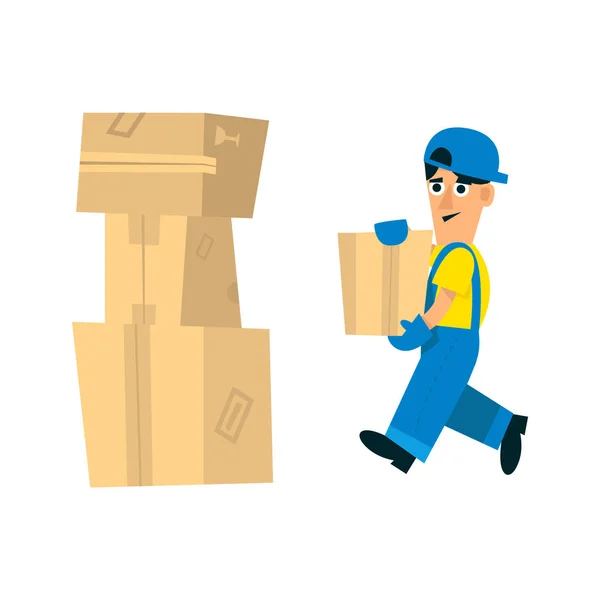 Trabajador haciendo montón de cajas de cartón — Vector de stock