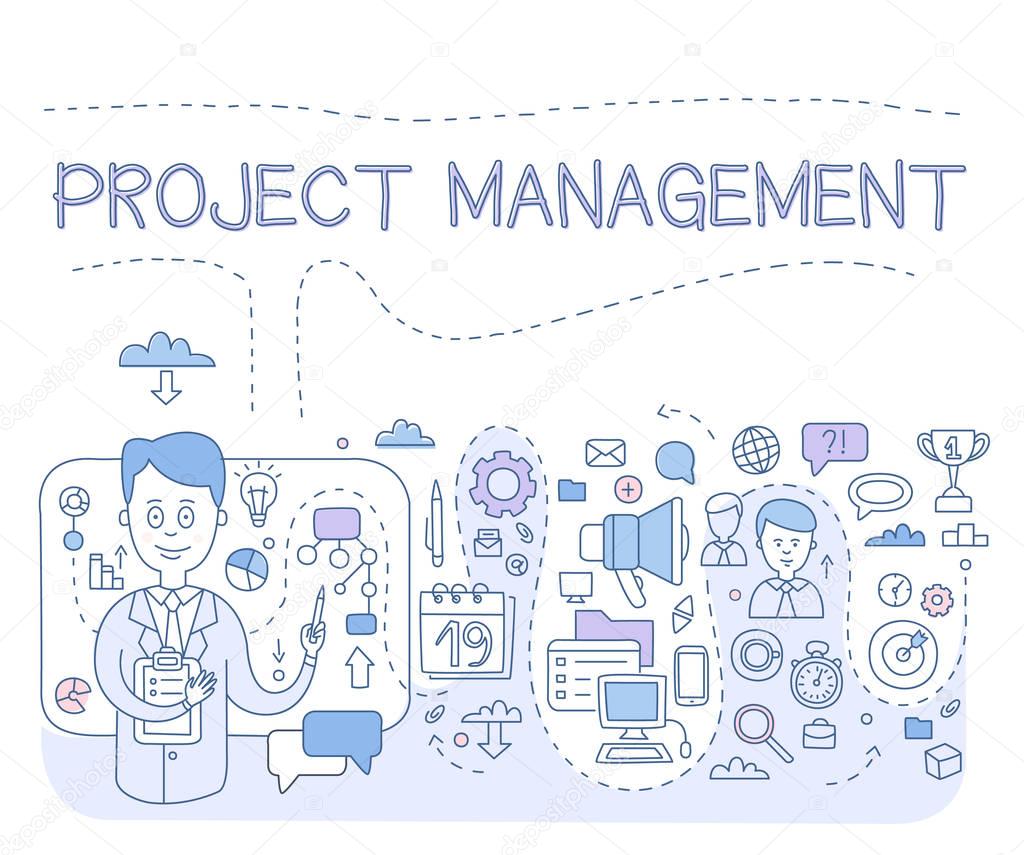 Doodle style concept of project management. Modern line illustration for web banners, hero images, printed materials