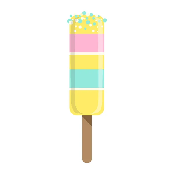 Amarillo, Rosa y Azul de la barra de helado en un palo, colorido Popsicle aislado objeto de dibujos animados — Vector de stock