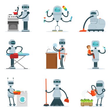 Oda temizliği ev Robot yapmayı ev temizleme ve fütüristik illüstrasyon hizmetçi robot ile diğer görevleri serisi