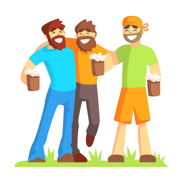 Három barátok, bozontos szakáll sört szabadban, férfi barátság sorozat illusztrációk. — Stock Vector