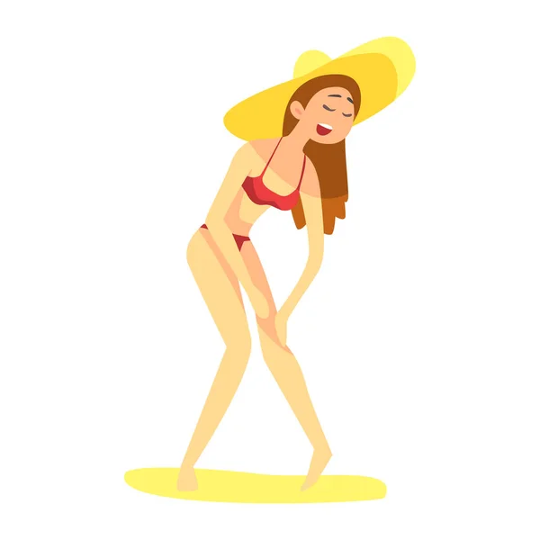 Meisje In stro hoed zonnebrandcrème toe te passen op haar been, onderdeel van vrienden In de zomer op het strand-serie van vectorillustraties — Stockvector