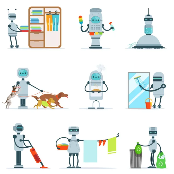 Φουτουριστικό εικονογράφηση με Android υπηρέτης σετ καθαρισμού οικιακά ρομπότ κάνει σπίτι εκκαθάριση και άλλων καθηκόντων — Διανυσματικό Αρχείο