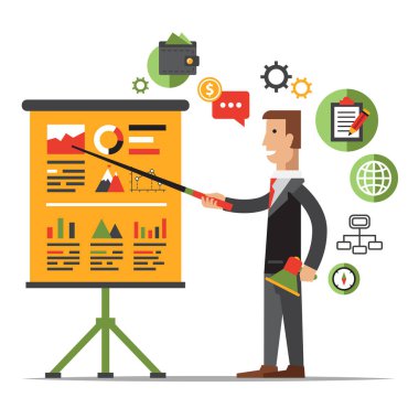 İşadamı bir sunu veya seminer veriyor. İş toplantısı, Koç eğitim,