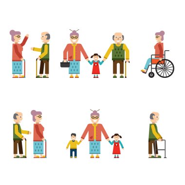 Yaşlı insanlar farklı durumlarda vektör illüstrasyon izole
