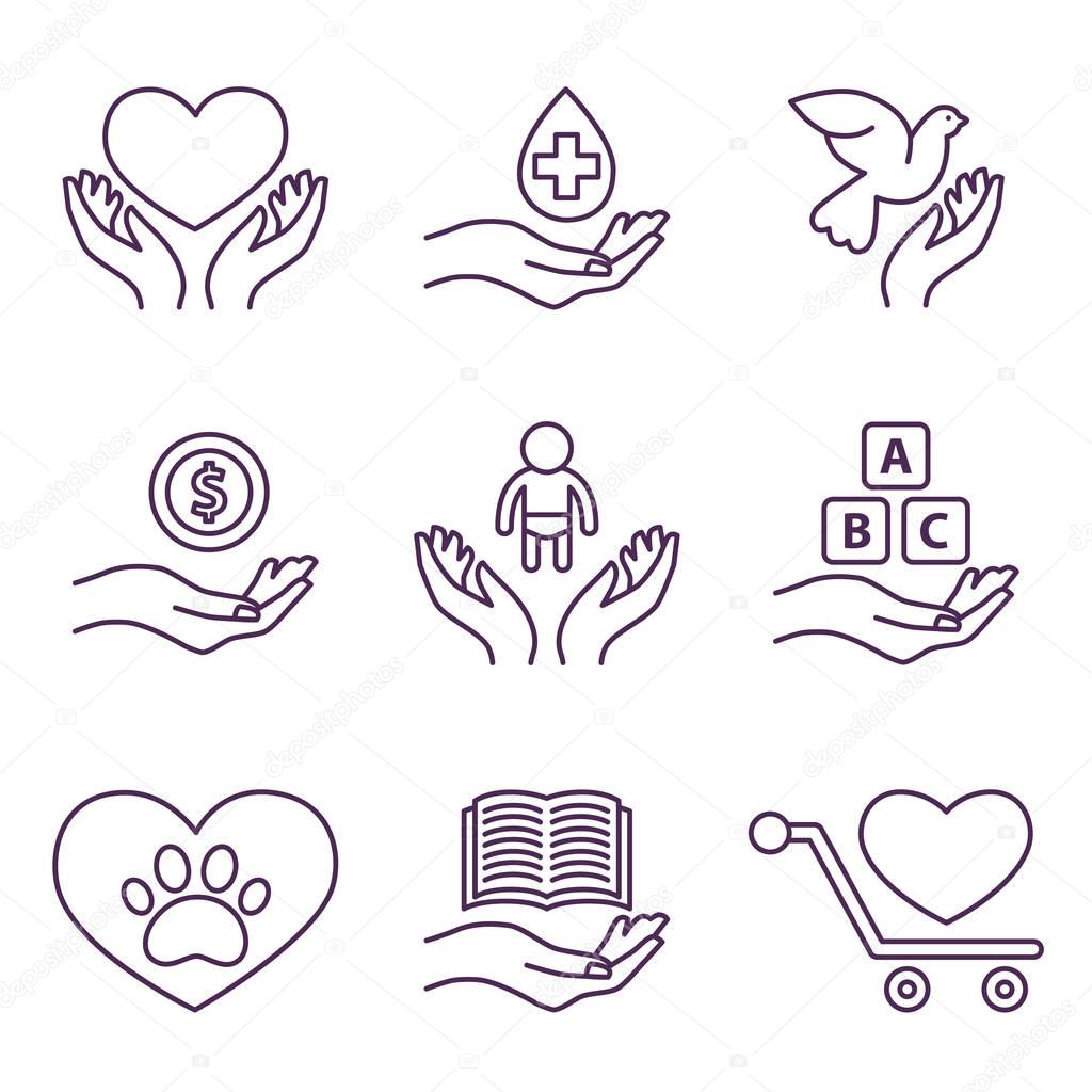 Vector charity line logos and signs volunteer set