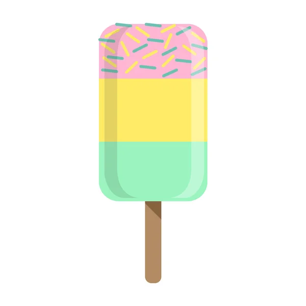 Barra azul, rosa y amarilla del helado en un palillo, objeto aislado colorido de la historieta de la paleta — Vector de stock