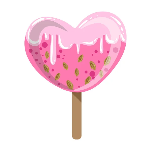 Barra de sorvete vitrificada em forma de coração em uma vara com polvilhas, objeto isolado colorido dos desenhos animados do picolé — Vetor de Stock