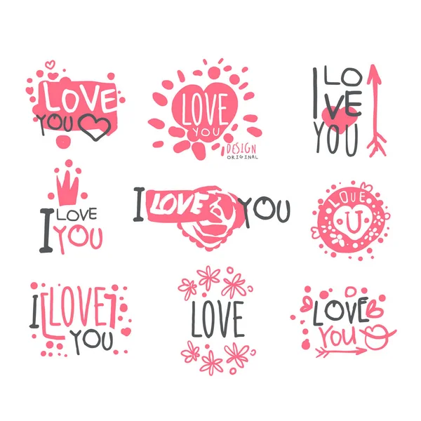 Romantic I Love You Message For St Valentines Day Postcard, Colorful Graphic Design Template Logo Set, Hand Drawn Vector Stencils — Stock Vector