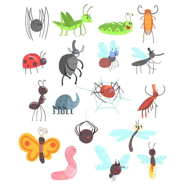 Lindos insectos amistosos con insectos de dibujos animados, escarabajos, moscas, arañas y otros animales pequeños — Archivo Imágenes Vectoriales