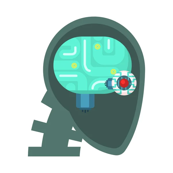 Android huvud skär igenom med elektroniska öga och hjärna inne, en del av futuristiska Robotic och det vetenskap serie tecknad ikoner — Stock vektor