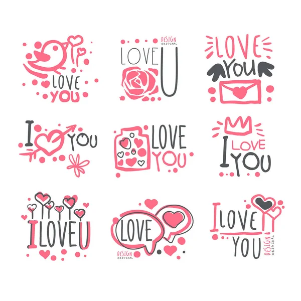 Romantic I Love You Message For St Valentines Day Postcard, Colorful Graphic Design Template Logo Series, Hand Drawn Vector Stencils — Stock Vector